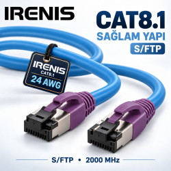 IRENIS CAT8 S/FTP LSZH Ethernet Patch Kablo, 25 cm–25 Metre arasında uzunluk seçenekleri, Mavi ve Gri