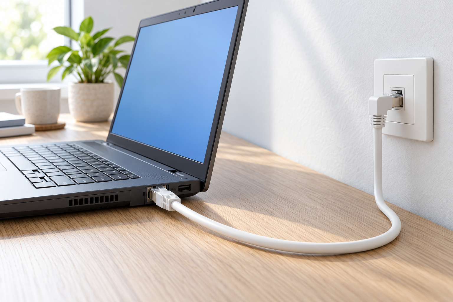 Açılı RJ45 ucu duvar prizine, düz ucu Ethernet portlu iş bilgisayarına bağlanan beyaz patch kablo