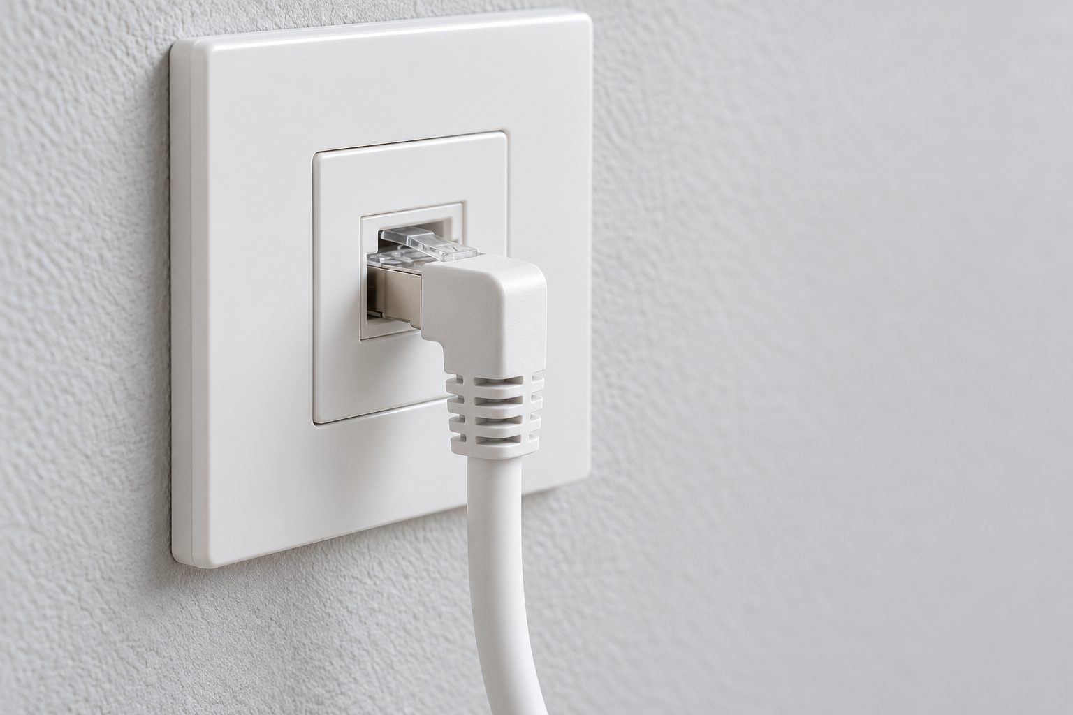 Duvar Ethernet prizine takılmış 90 derece RJ45 fiş ve aşağı yönlenen beyaz kablo
