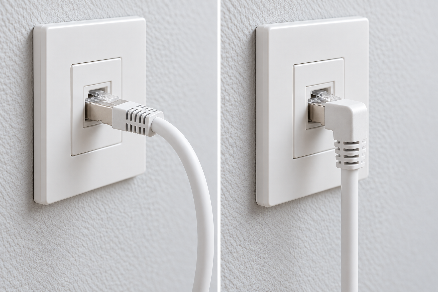 Solda düz RJ45 fişin duvardan dışarı çıkan kablosu, sağda 90 derece fişin duvar boyunca aşağı yönelen kablosu