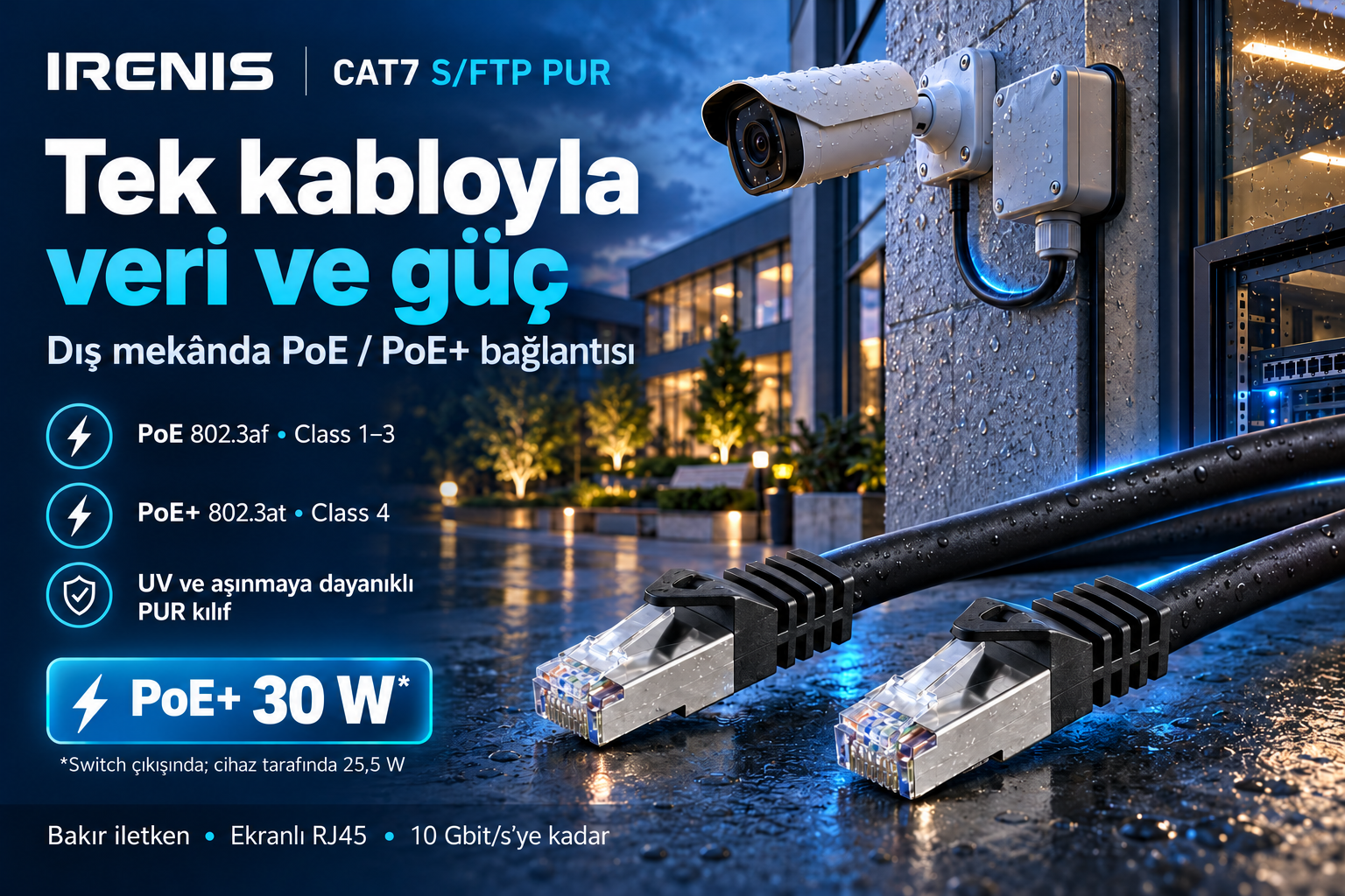 IRENIS CAT7 PUR kablo ile dış mekânda PoE ve PoE+ kamera bağlantısı