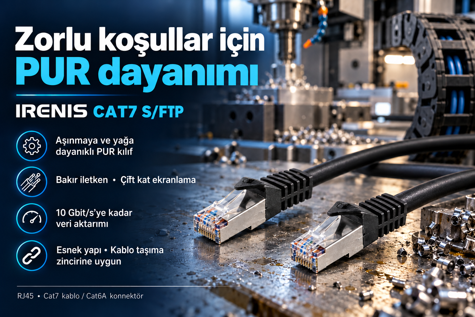 IRENIS CAT7 S/FTP PUR kablonun endüstriyel makine ortamında kullanımı